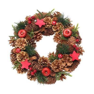 Artificial 30cm Woodland Natural Wreath w/Red Stars
