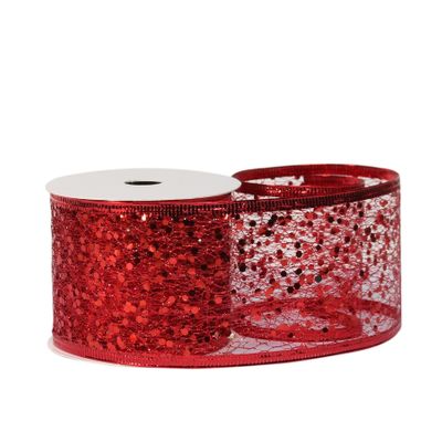 Glitter mesh ribbon 63mm x 10 yards RED
