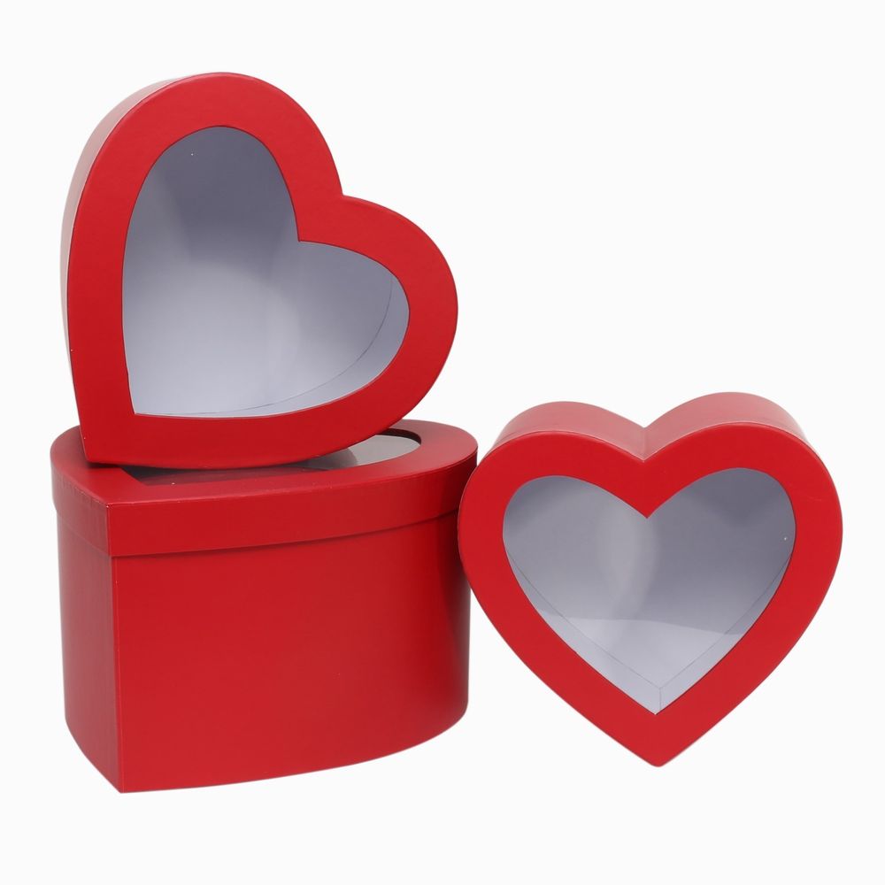 Set of 3 - Heart Shaped Hat Boxes With Viewing Window
